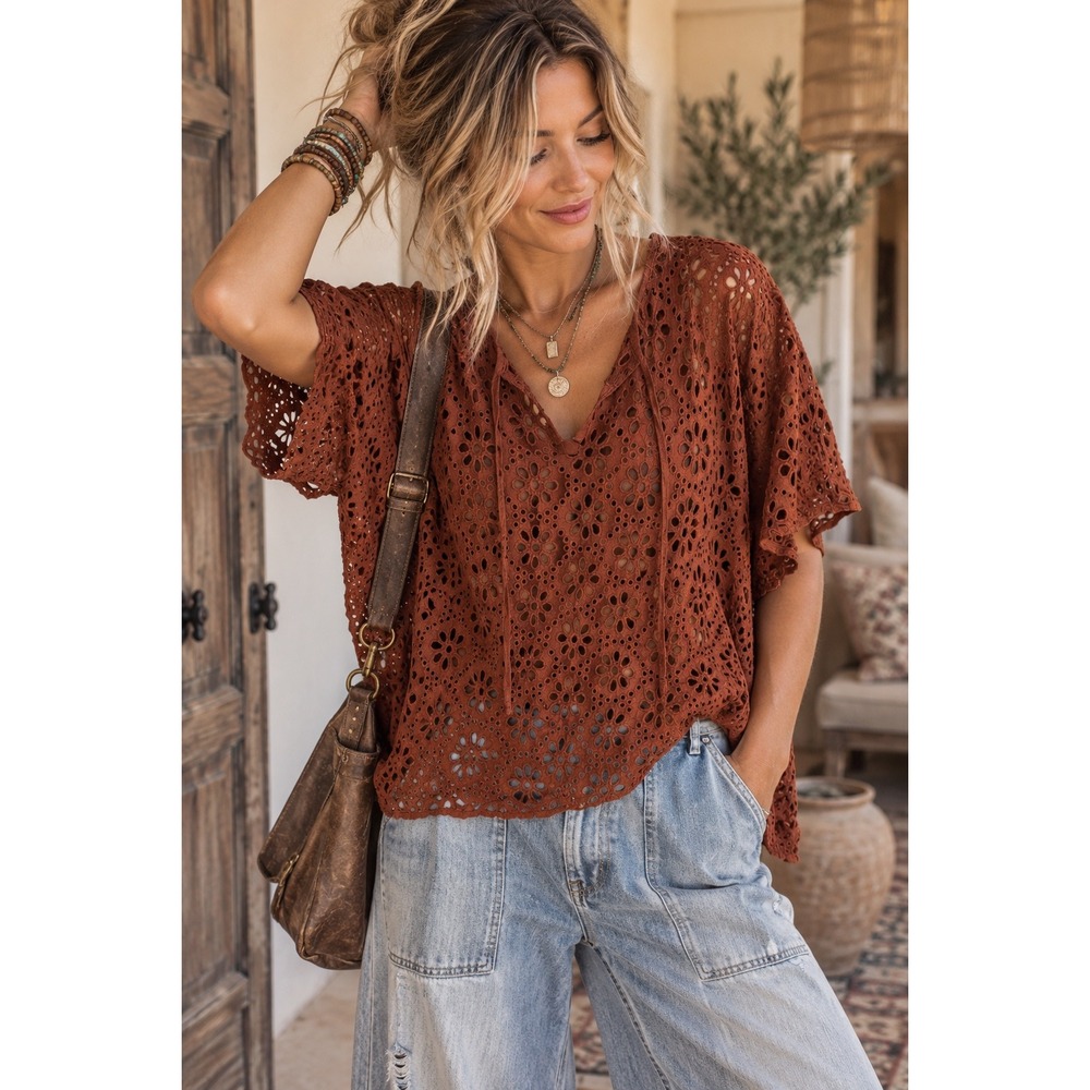 Lane Bryant Rust Brown Eyelet Lace Boho V-Neck Tie Top Plus Size 24 Cotton